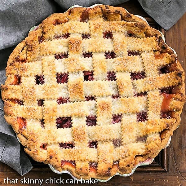 Overhead view of a Classic Rhubarb Pie in a ceramic pie plate.