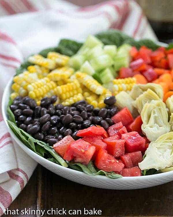 Summer Vegetable Salad in a white serving bowl