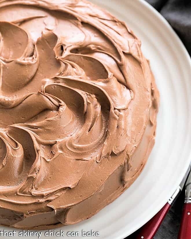 Overhead view of a one layer mocha cake on a white serving plate