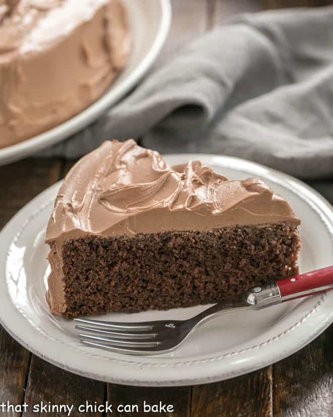 Slice of a One Layer Mocha Cake on a white dessert plate with a fork