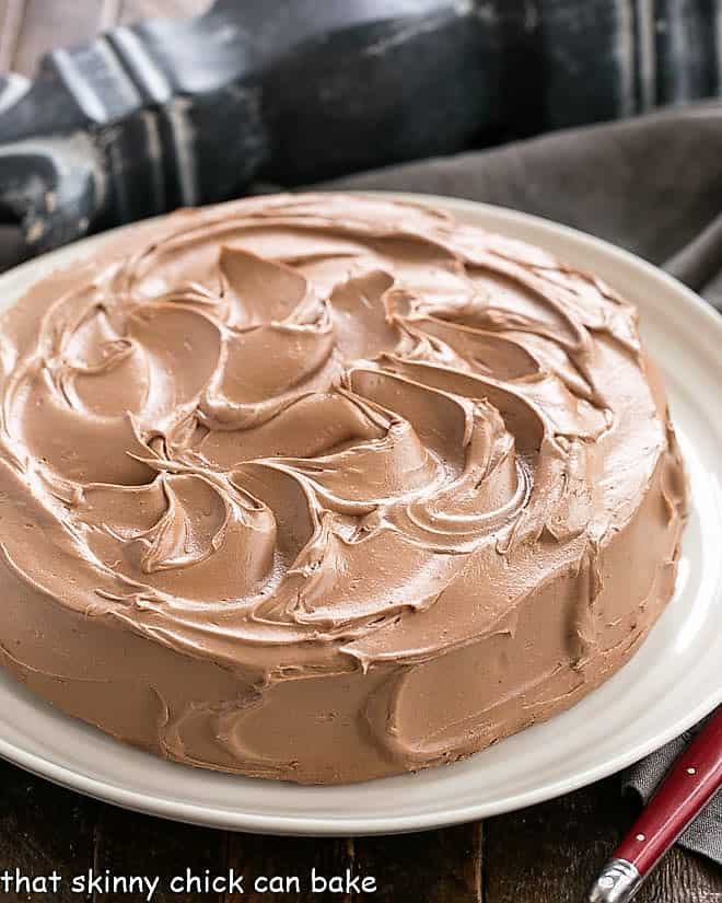 Frosted One Layer Mocha Cake on a white dessert plate