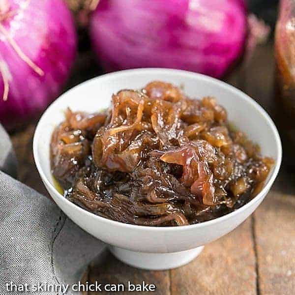 French Onion Marmalade in a white bowl with red onions