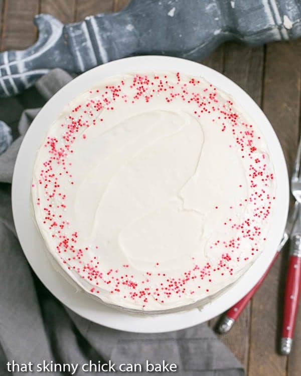 Red Velvet Checkerboard Cake on a white cake plate