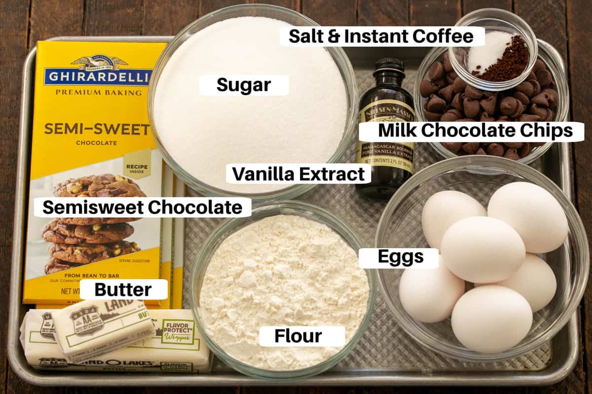 Skillet Brownies ingredients with labels on a metal sheetpan.