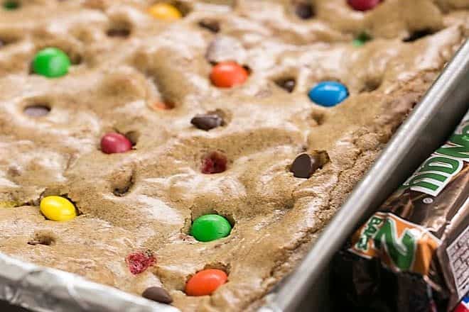 Candy Bar Blondies in a baking pan