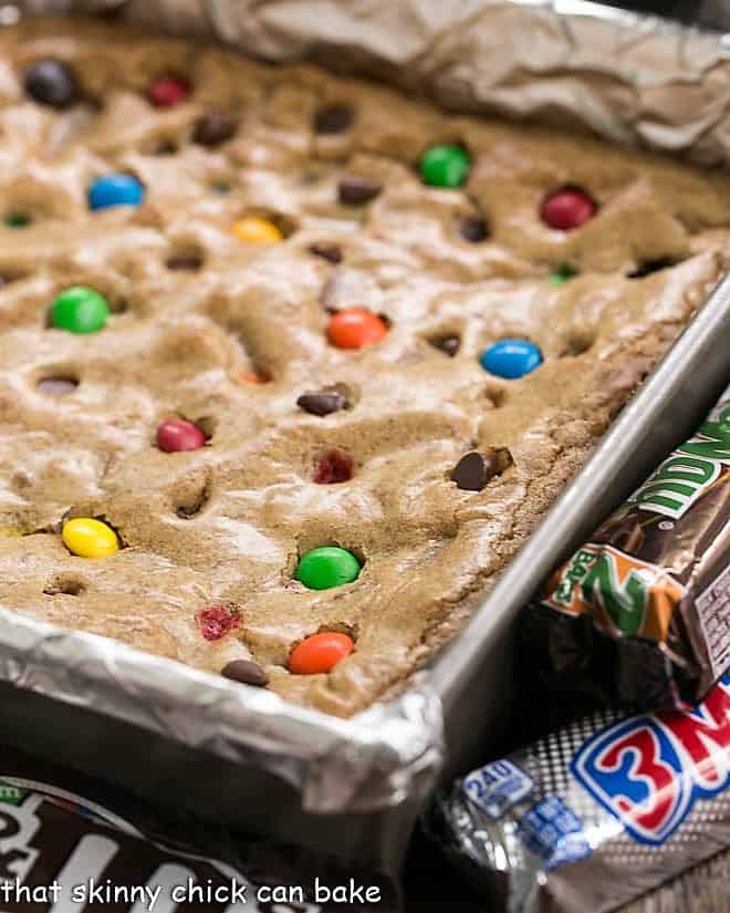 Candy Bar Blondies in a baking pan,