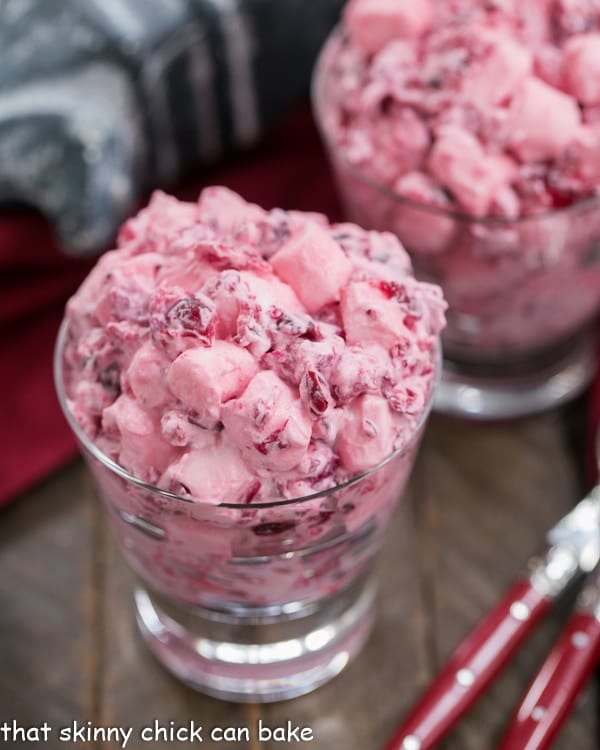 Cranberry Fluff Salad in glass dishes.
