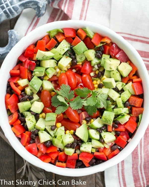 Overhead view of a Tex-Mex Fiesta Salad in a white salad bowl