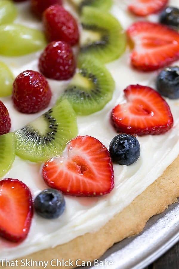 Close view of the fruit on a Fresh Fruit Pizza.