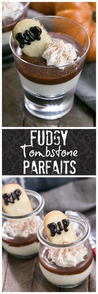Fudgy Tombstone Parfaits | Luscious layers of Oreo crumbs, cheesecake filling and fudge sauce make with a tombstone cookie make for a terrific Halloween dessert!
