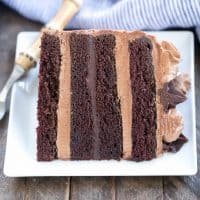 Slice of chocolate fudge layer cake on a white plate