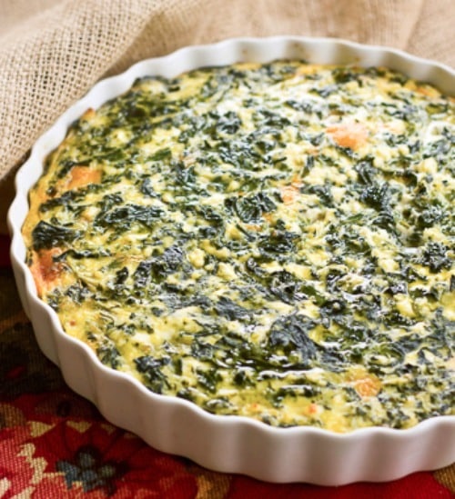 Spinach Souffle in a shallow casserole dish.