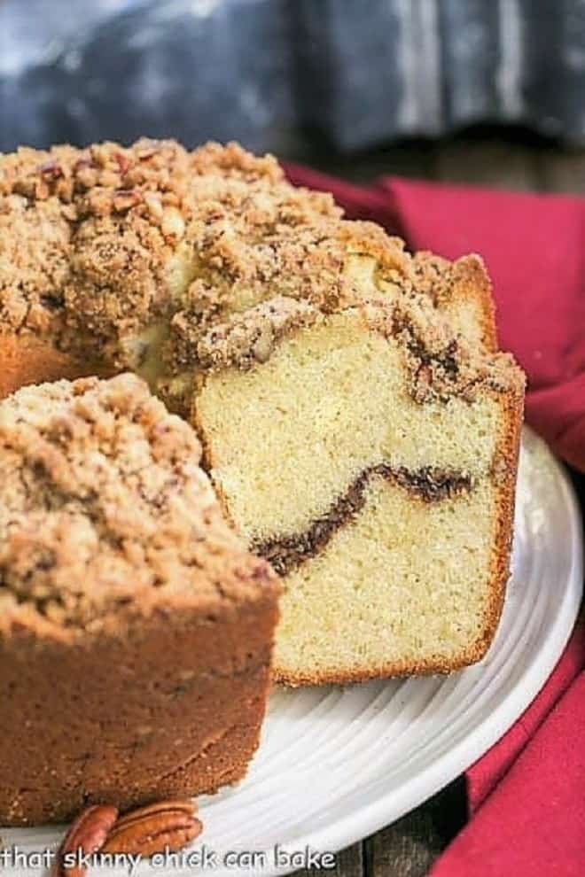 Streusel Coffee Pound Cake on a round white serving plate.