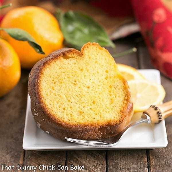 Easy Lemon Bundt Cake on a square ceramic dessert plate.