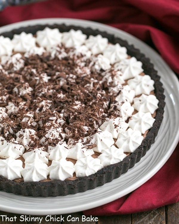 French Silk Tart on a white serving plate.