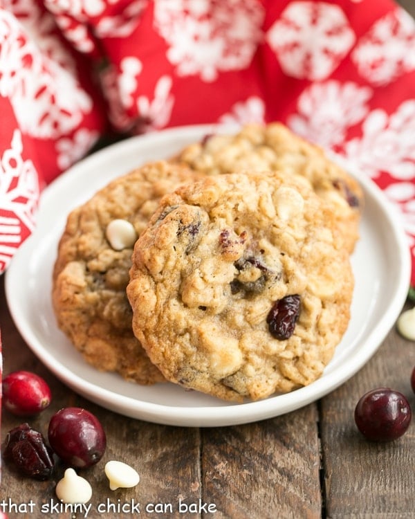 Gingered Cranberry Oatmeal Cookies on a white dessert plate.