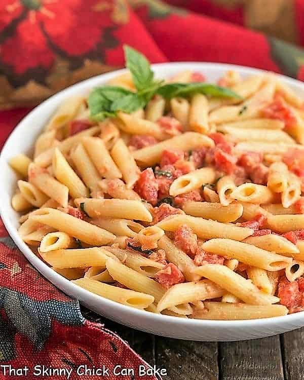 Close up of Penne alla Vodka in a serving bowl