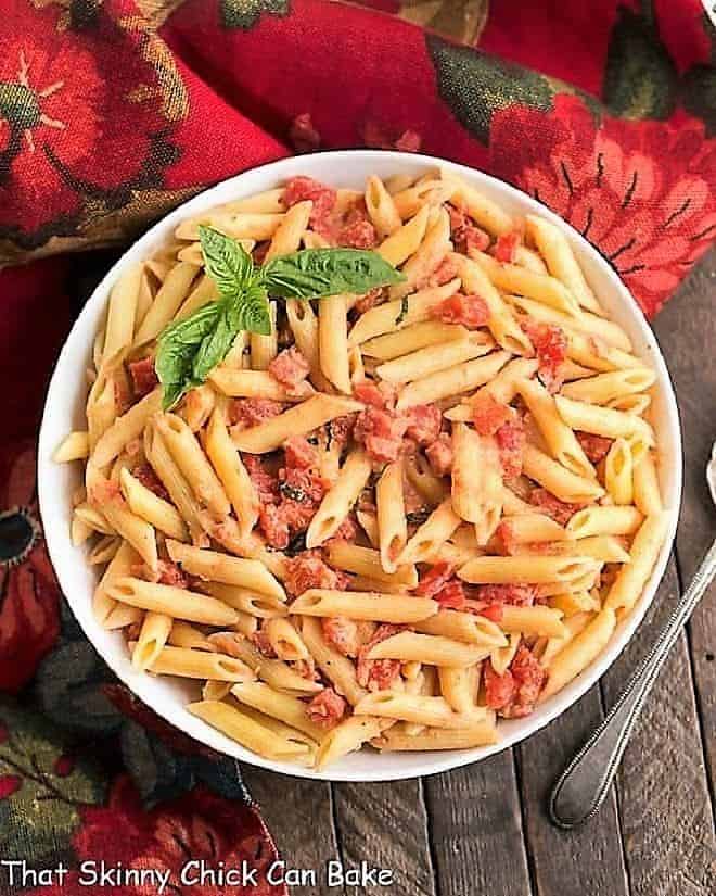 Penne alla Vodka view from above in a white serving bowl.