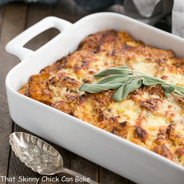 Sausage Croissant French Toast Casserole in a white baking dish