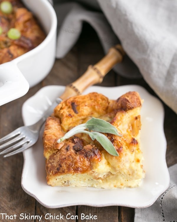 Sausage Croissant French Toast Casserole serving on a small white plate