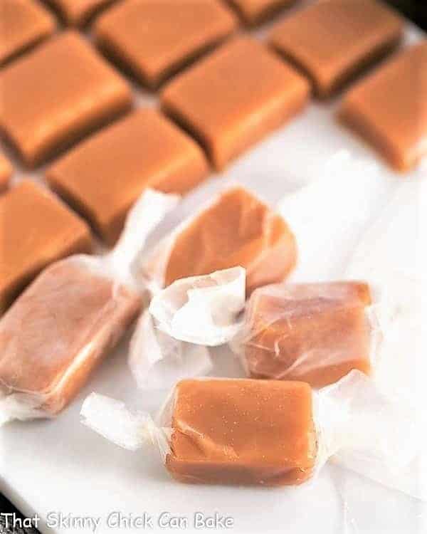 Soft Chewy Cream Caramels, cut and wrapped in wax paper