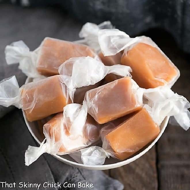 Soft Chewy Cream Caramels in a white candy bowl.