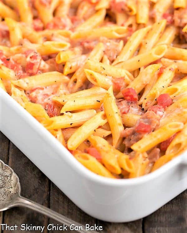 Cheesy Baked Pasta in a large white casserole dish
