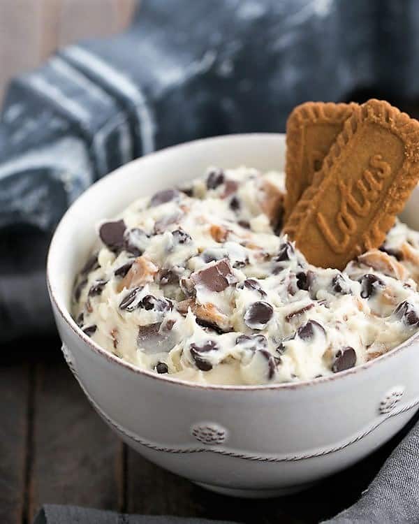 Chocolate Chip Cookie Dough Dip in a white ceramic bowl.