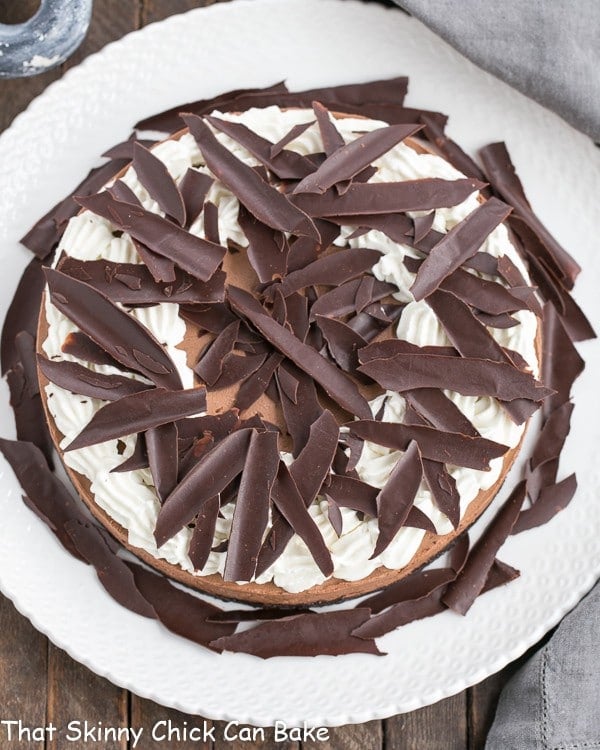 Chocolate Shards topping this Easy Chocolate Mousse Cake on a white dessert plate.