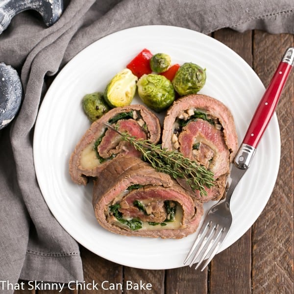 Overhead view of Flank Steak Roulades on a white dinner plate.