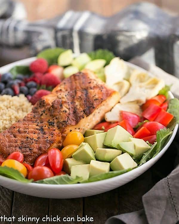 Superfoods salad in a white salad bowl.