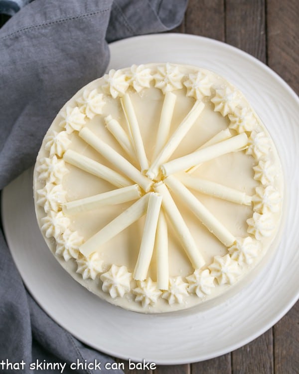 Cheesecake Filled Red Velvet Cake from above on a white cake plate