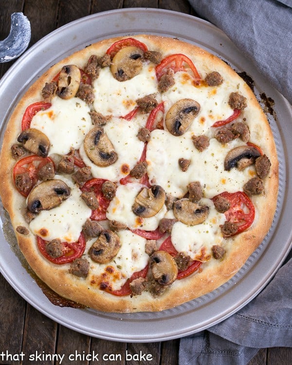 Overhead view of Sausage Mushroom Pizza