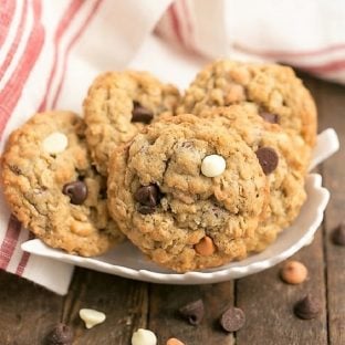 Triple Threat Oatmeal Cookies in a white leaf dish