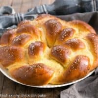 Braided Easter Bread on a round white serving plate