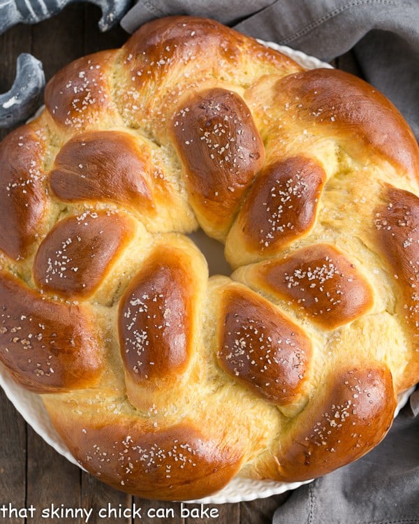 Overhead view of around loaf of braided Easter bread.