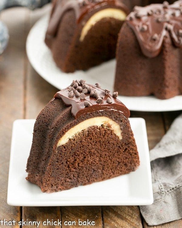 slice of Cheesecake Stuffed Chocolate Bundt Cake.