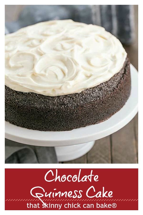 Chocolate Guinness Cake is a rich chocolate cake spiked with Guinness ale and topped with cream cheese icing. This easy chocolate cake recipe is makes the perfect St. Patrick's Day dessert! #stpatricksday #dessertrecipe #chocolate #cake #guinness #recipe #thatskinnychickcanbake Chocolate Guinness Cake Pinterest Collage
