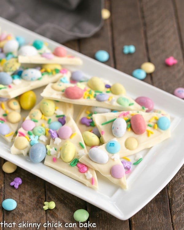 Easy White Chocolate Easter Bark on a white ceramic platter.