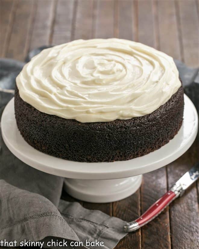 Chocolate Guinness Cake | Rich chocolate one layer cake spiked with Irish brew and topped with cream cheese icing