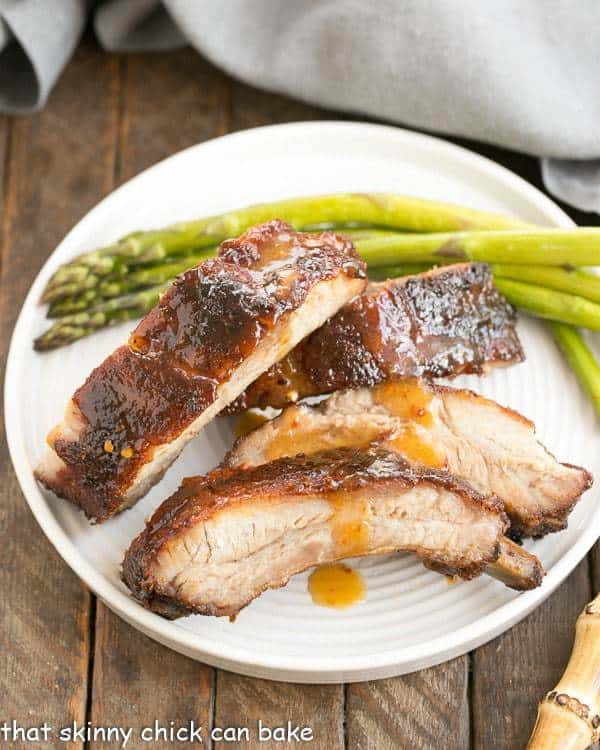 Overhead view of Apricot Glazed Baby Back Ribs on a white plate