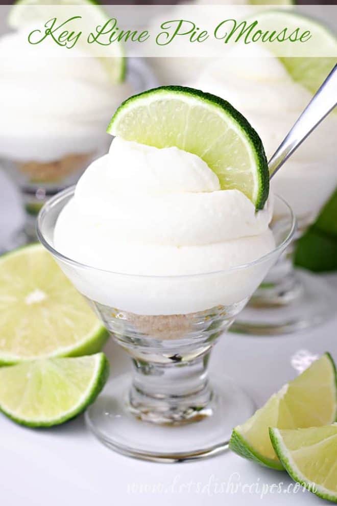 Key lime pie mousse in glasses garnished with a lime slice