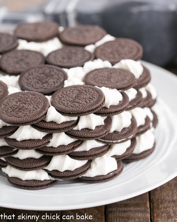 Oreo Icebox Cake on a white serving plate.