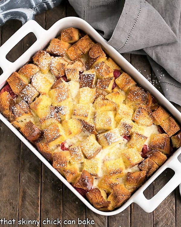 Overhead view of raspberry mascarpone French toast.