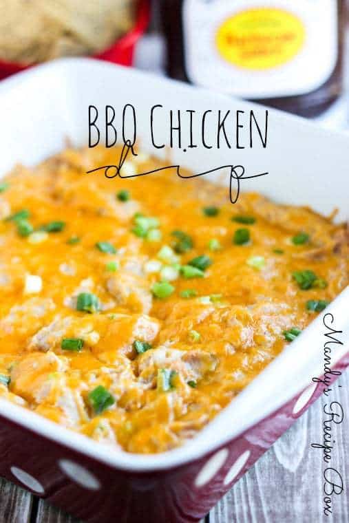 Easy BBQ Chicken Dip in a square casserole dish