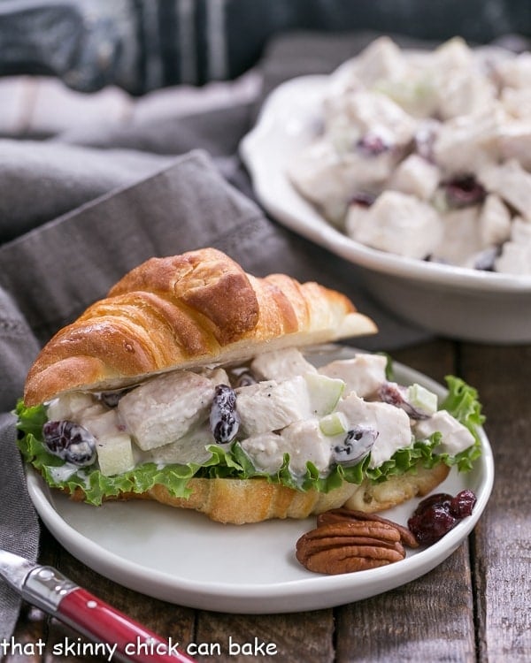 Cranberry Pecan Chicken Salad for a Crowd on a croissant.