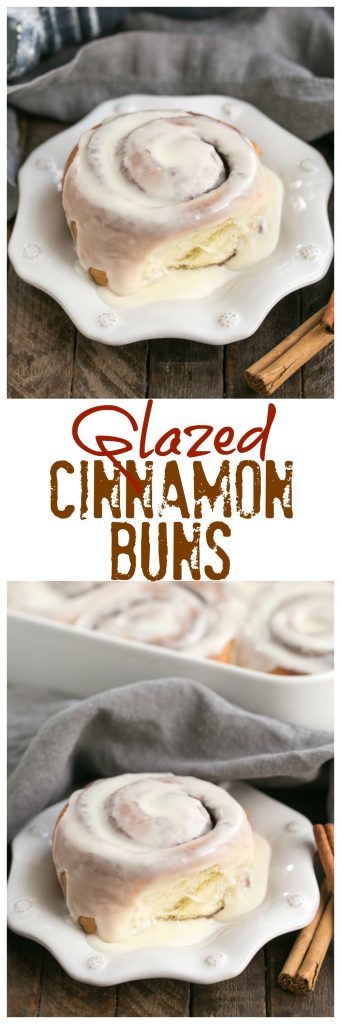 Glazed cinnamon buns photos and text collage