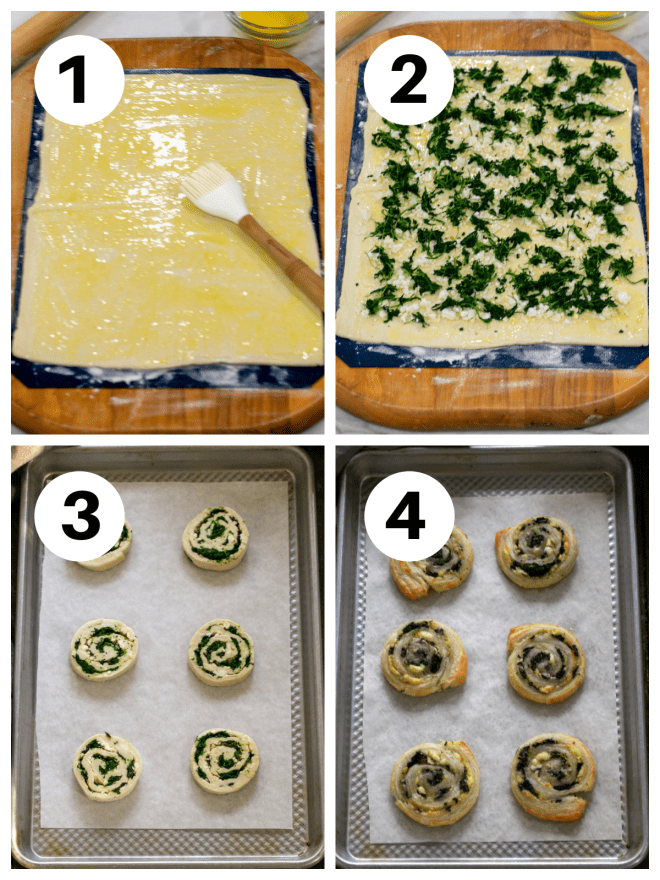 4 process shots of spinach feta pinwheels numbered 1-4.
