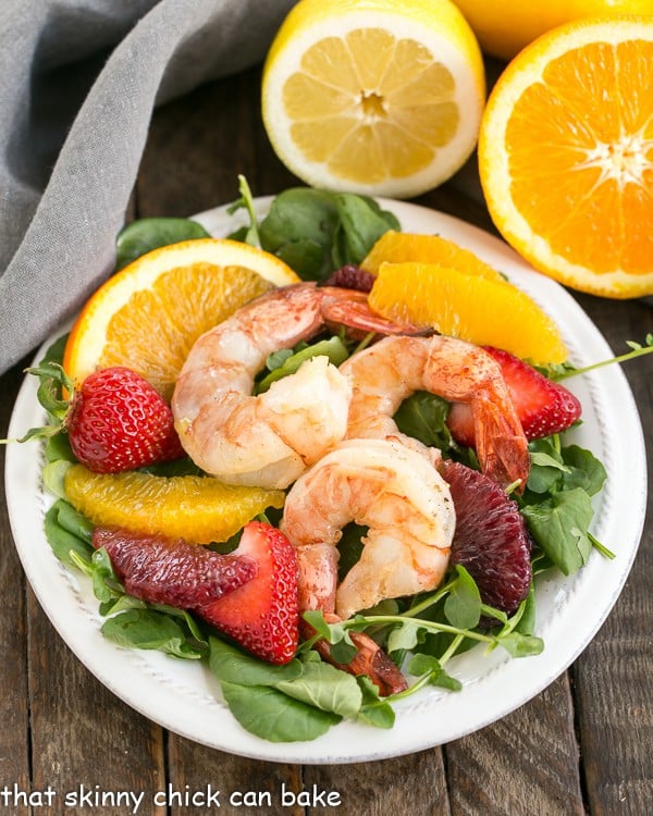 Overhead view of Shrimp & Orange Salad with Citrus Vinaigrette