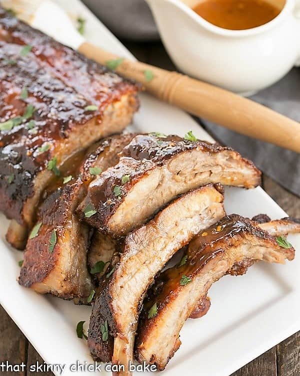 Apricot Glazed Baby Back Ribs piled on a platter